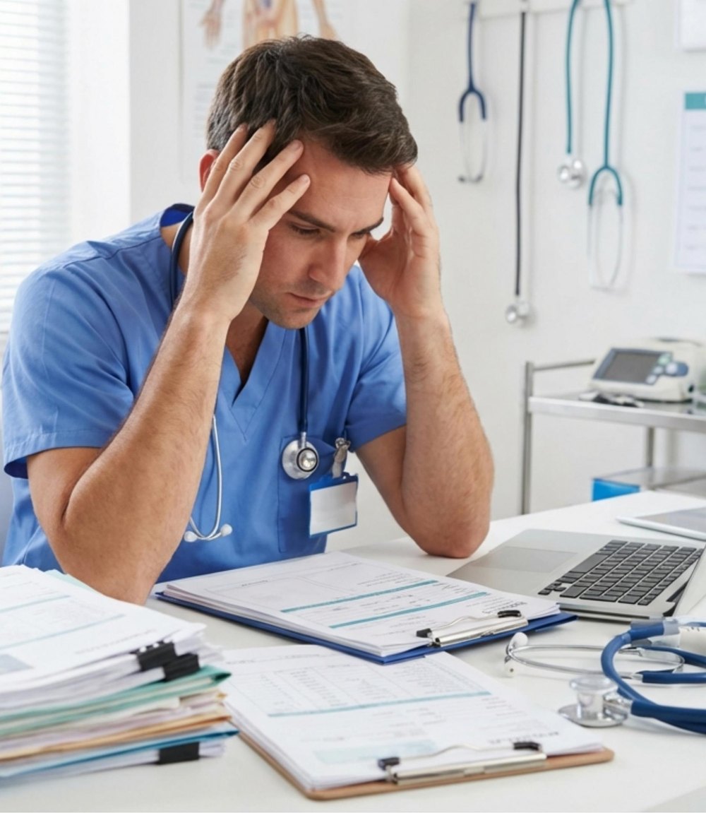 A clinician overwhelmed by billing paperwork